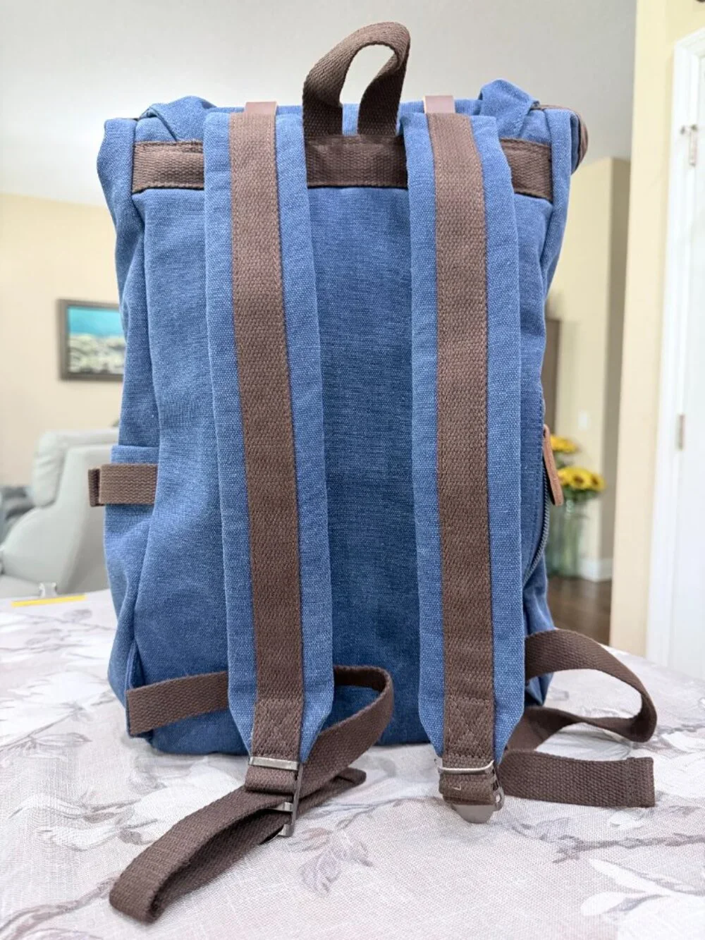 Blue Canvas Laptop Backpack Roll Top Leather Strap Travel School Hiking Bag